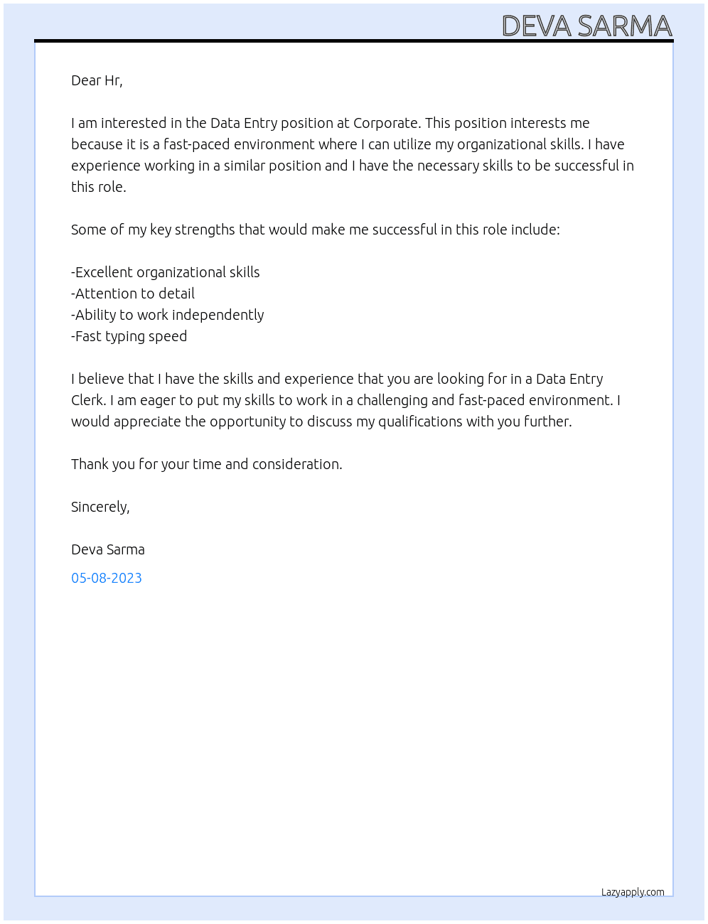 Data Entry At Corporate Cover Letter