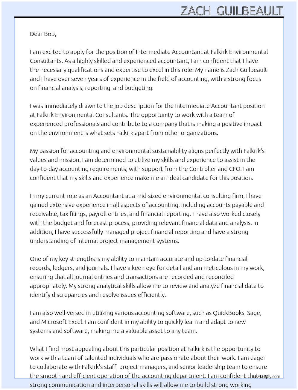 Intermediate Accountant At Falkirk Environmental Consultants  Cover Letter