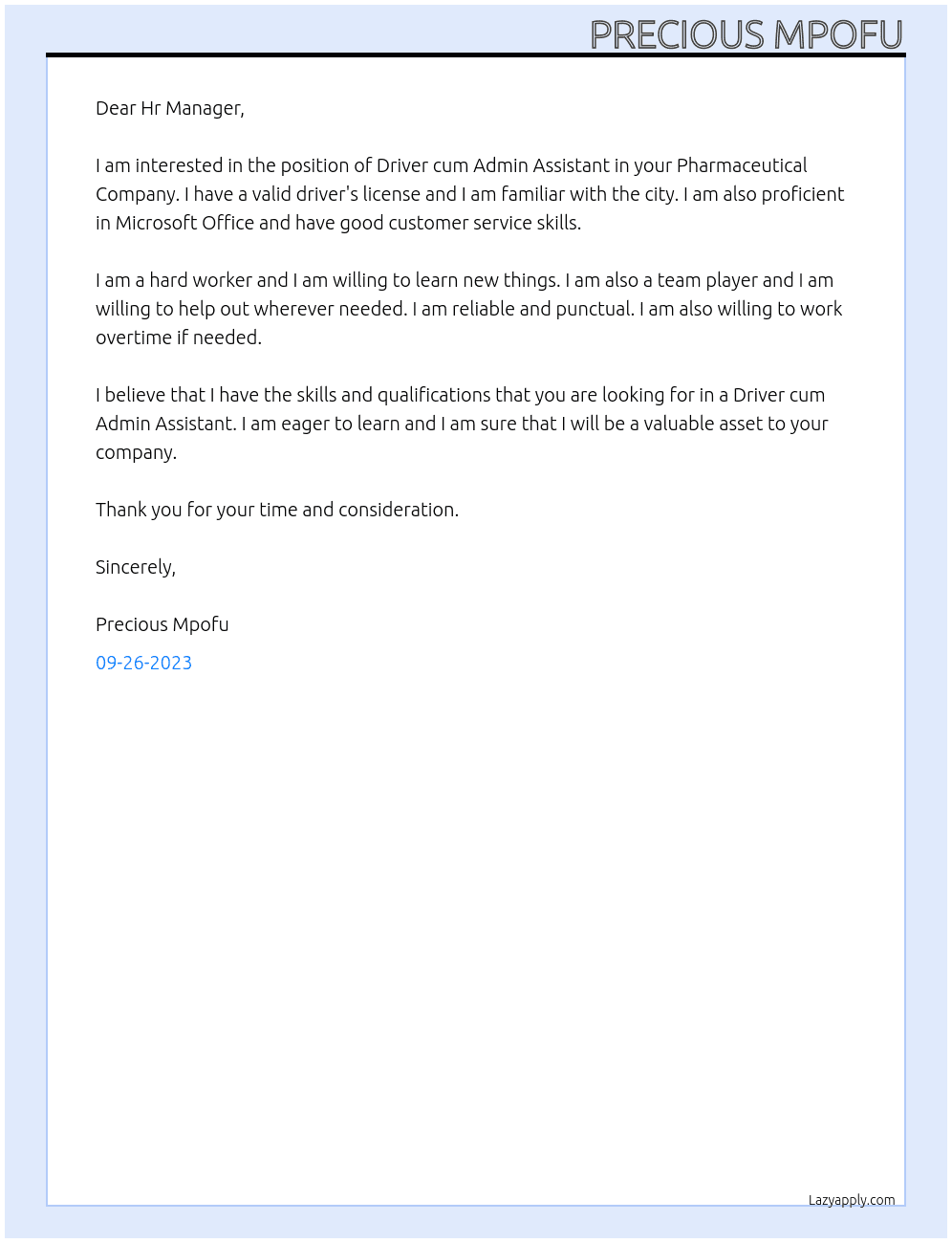 Driver cum Admin Assistant  At Pharmaceutical Company Cover Letter