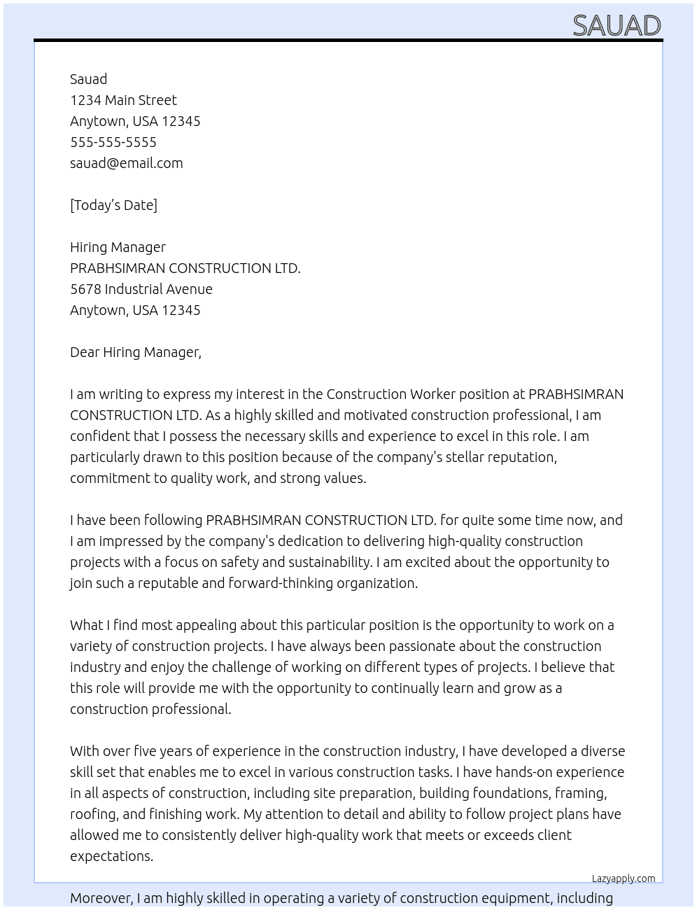 Construction worker At PRABHSIMRAN CONSTRUCTION LTD. Cover Letter