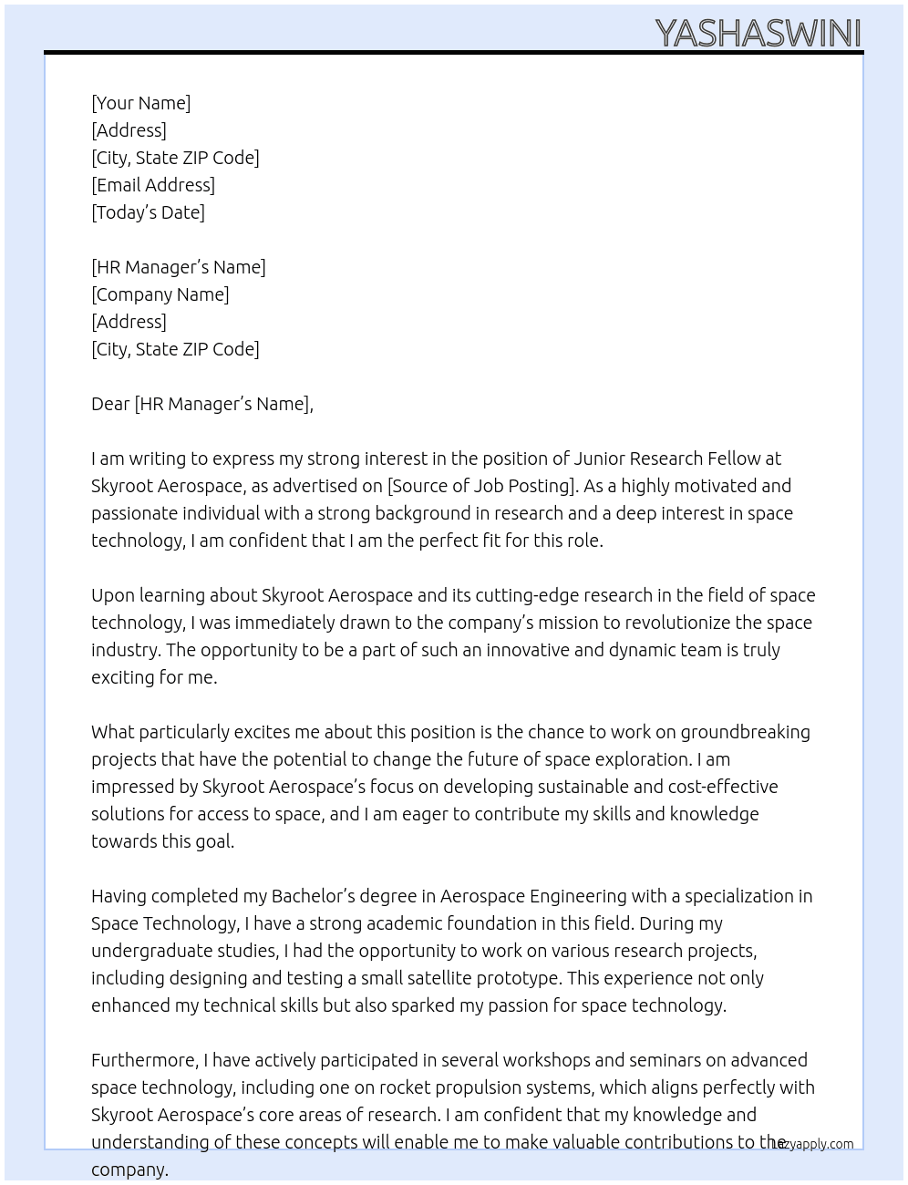 junior research fellow At skyroot aerospace Cover Letter