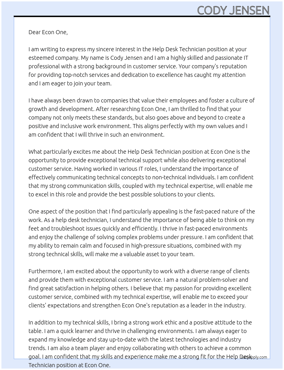 Help Desk Technician  At Econ One Cover Letter