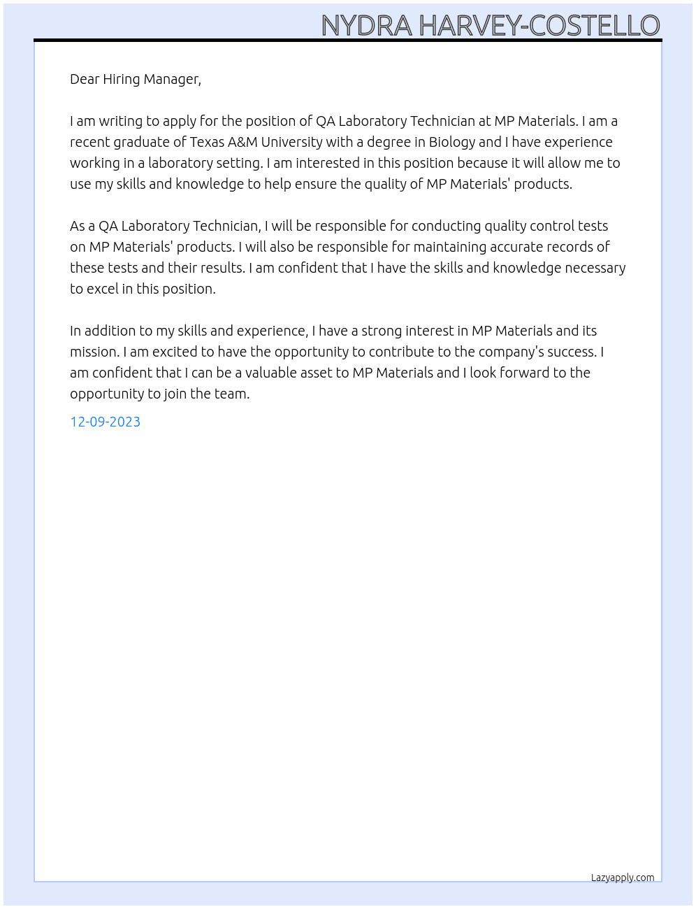QA Laboratory Technician At MP Materials Cover Letter