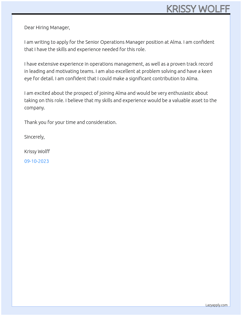 Senior Operations Manager At Alma Cover Letter