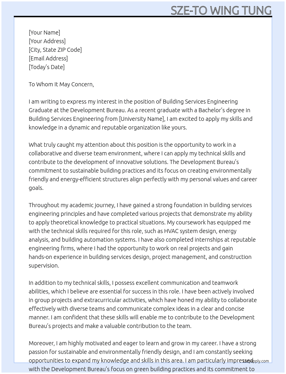Building Services Engineering Graduates At Development Bureau Cover Letter