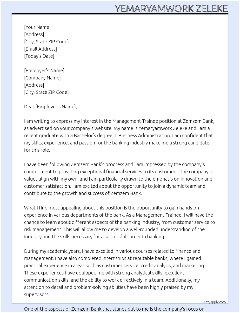 Managment Train At Zemzem Bank Cover Letter