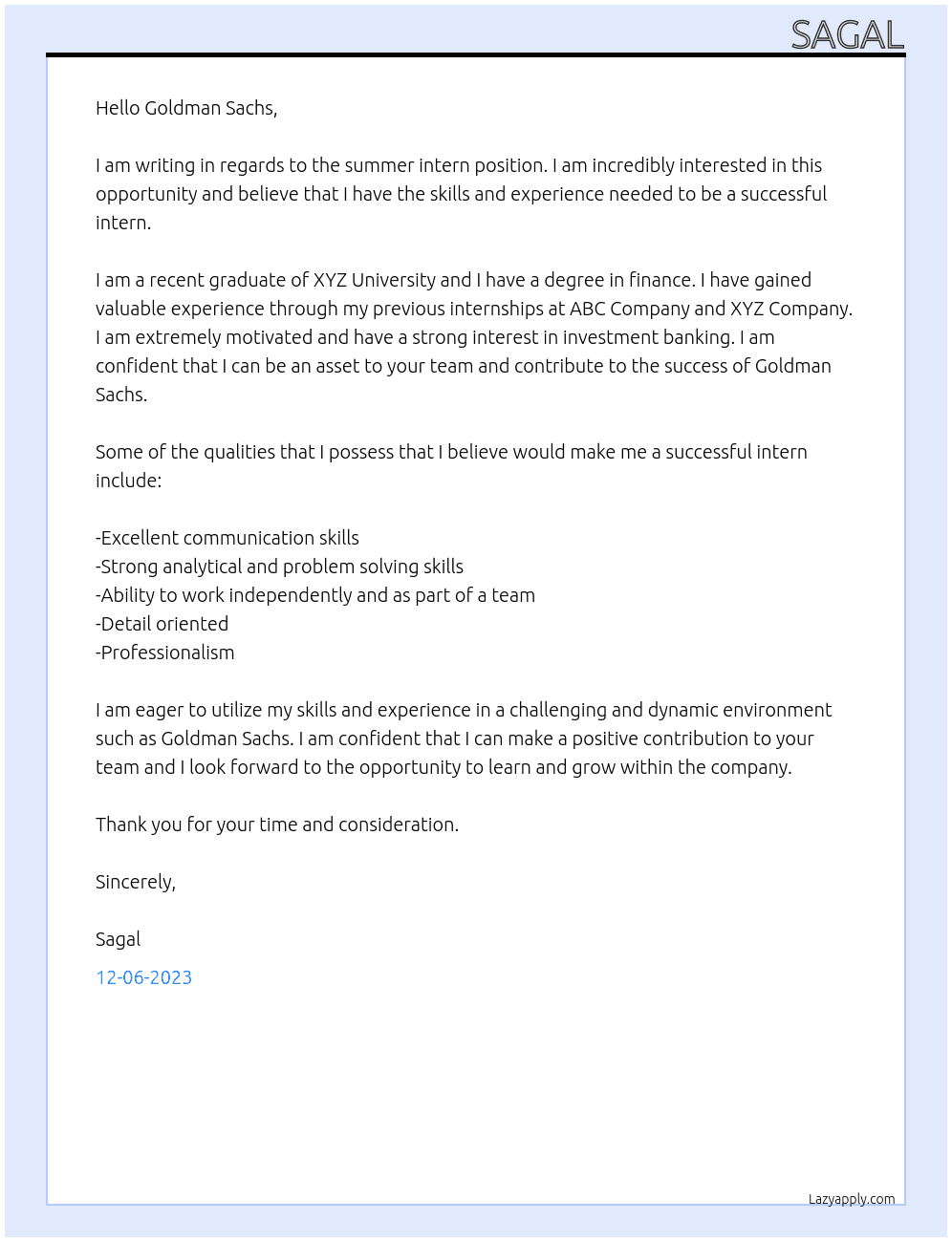 summer intern  At goldman sachs Cover Letter