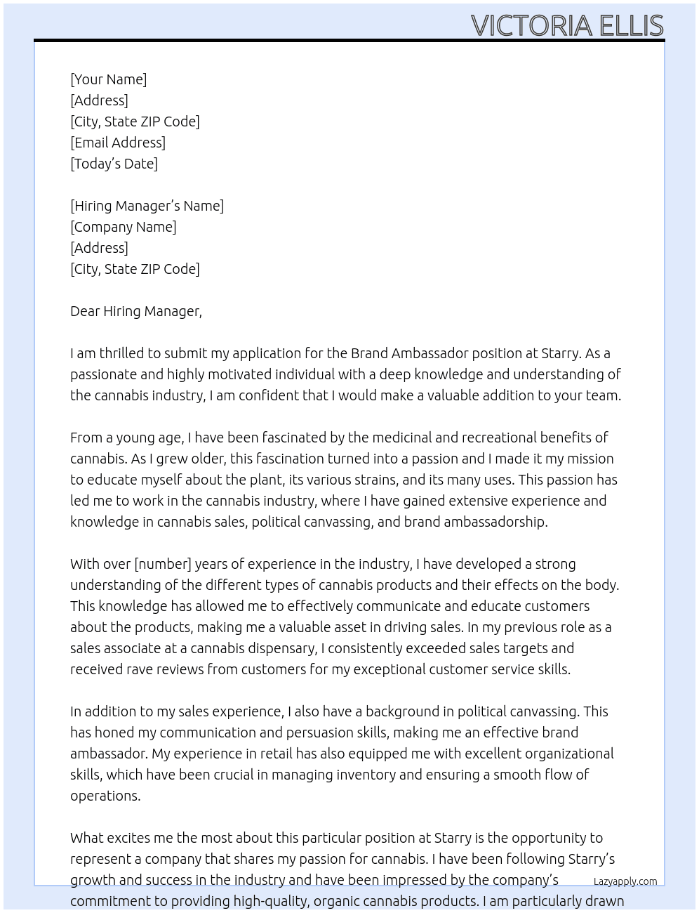 Brand Ambassador  At Starry Cover Letter