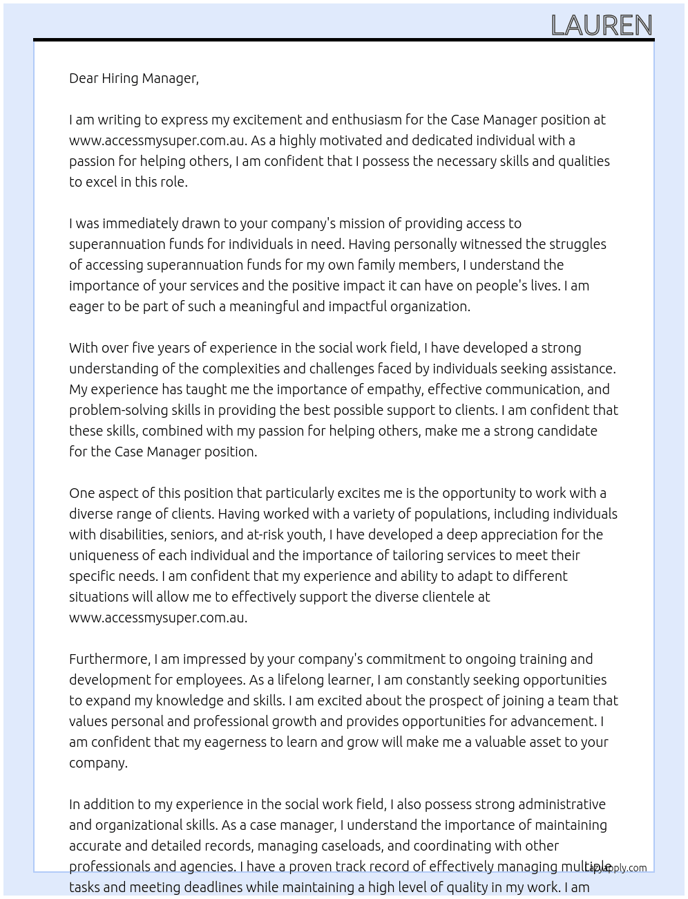 Case Manager At www.accessmysuper.com.au Cover Letter