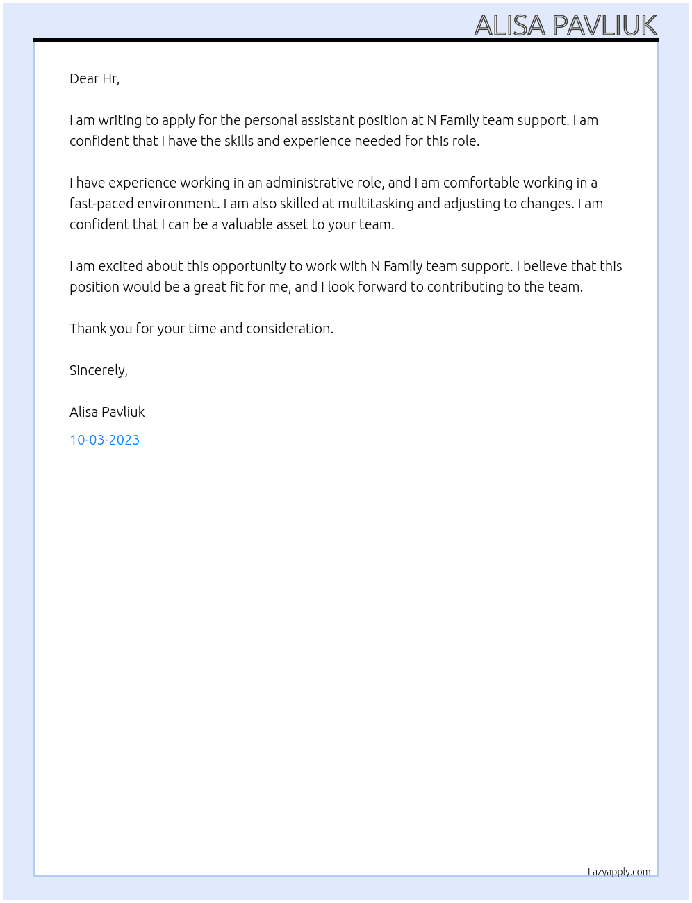 Personal assistant  At N Family team support  Cover Letter