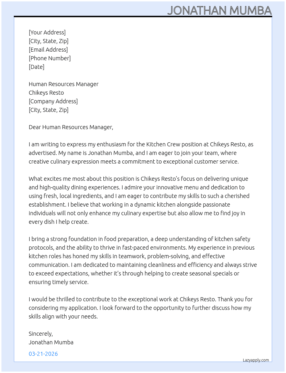 Kitchen crew At Chikeys Resto Cover Letter