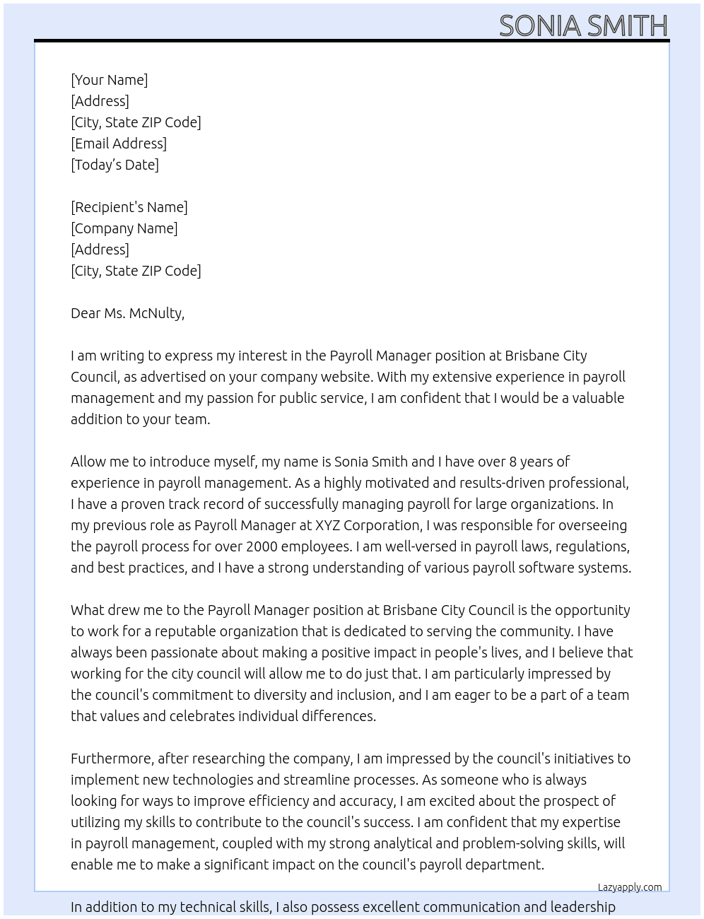 Payroll Manager At Brisbane City Council Cover Letter