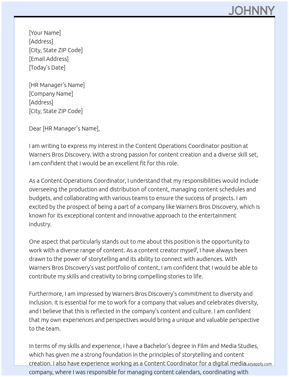 Content Operations Coordinator At Warners Bros Discovery Cover Letter