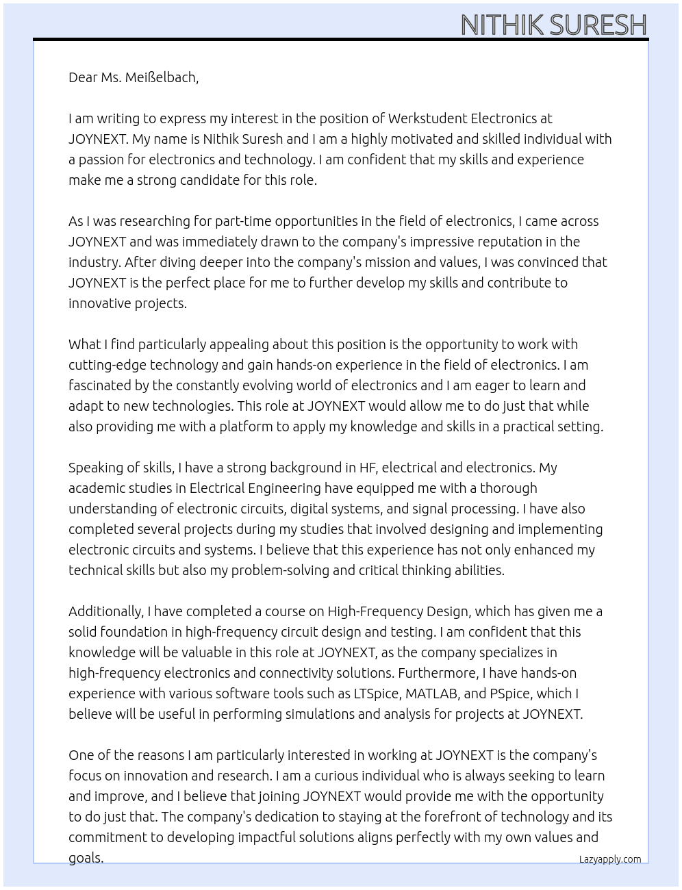 Werkstudent Electronics At JOYNEXT Cover Letter