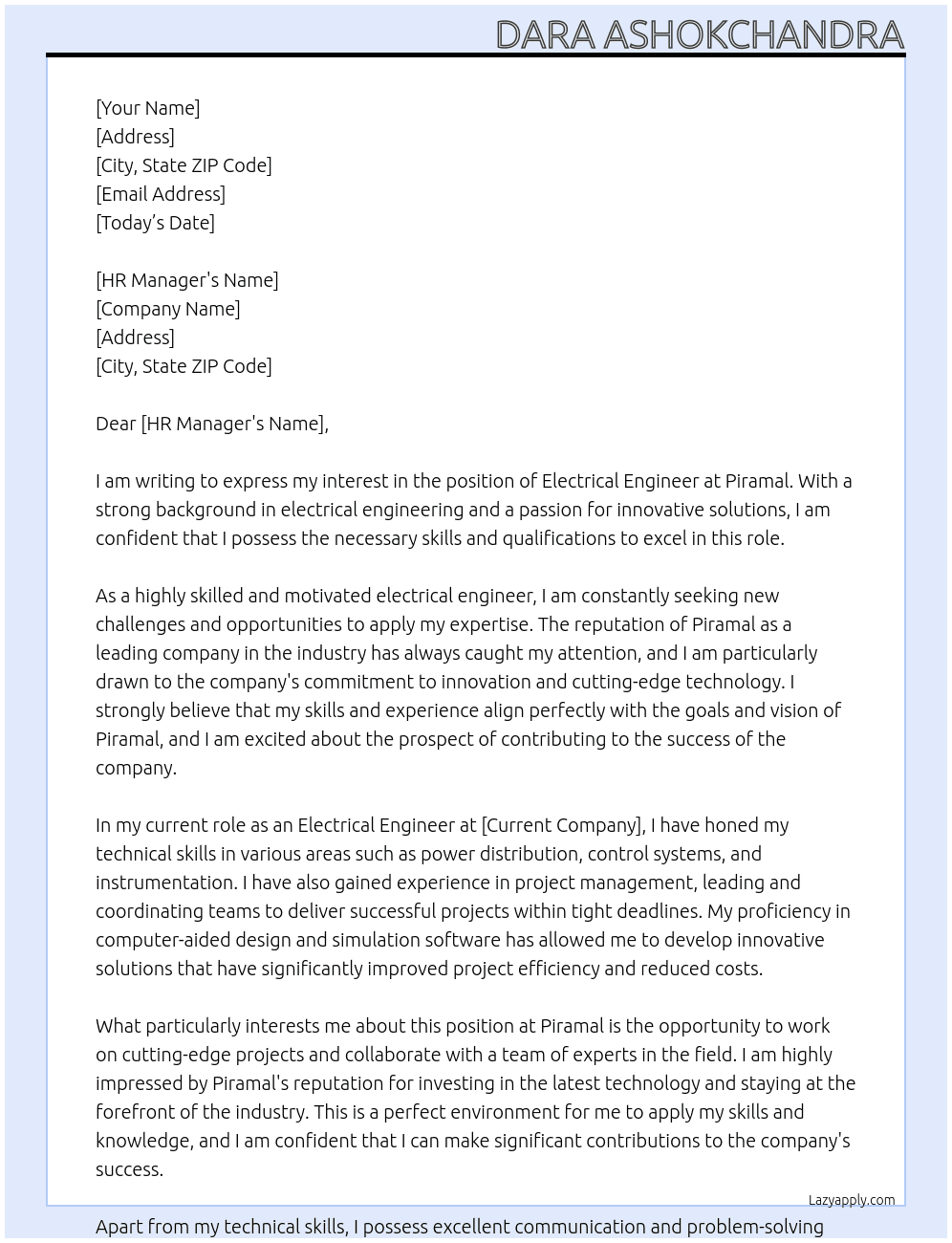 ELECTRICAL ENGINEER At PIRAMAL Cover Letter