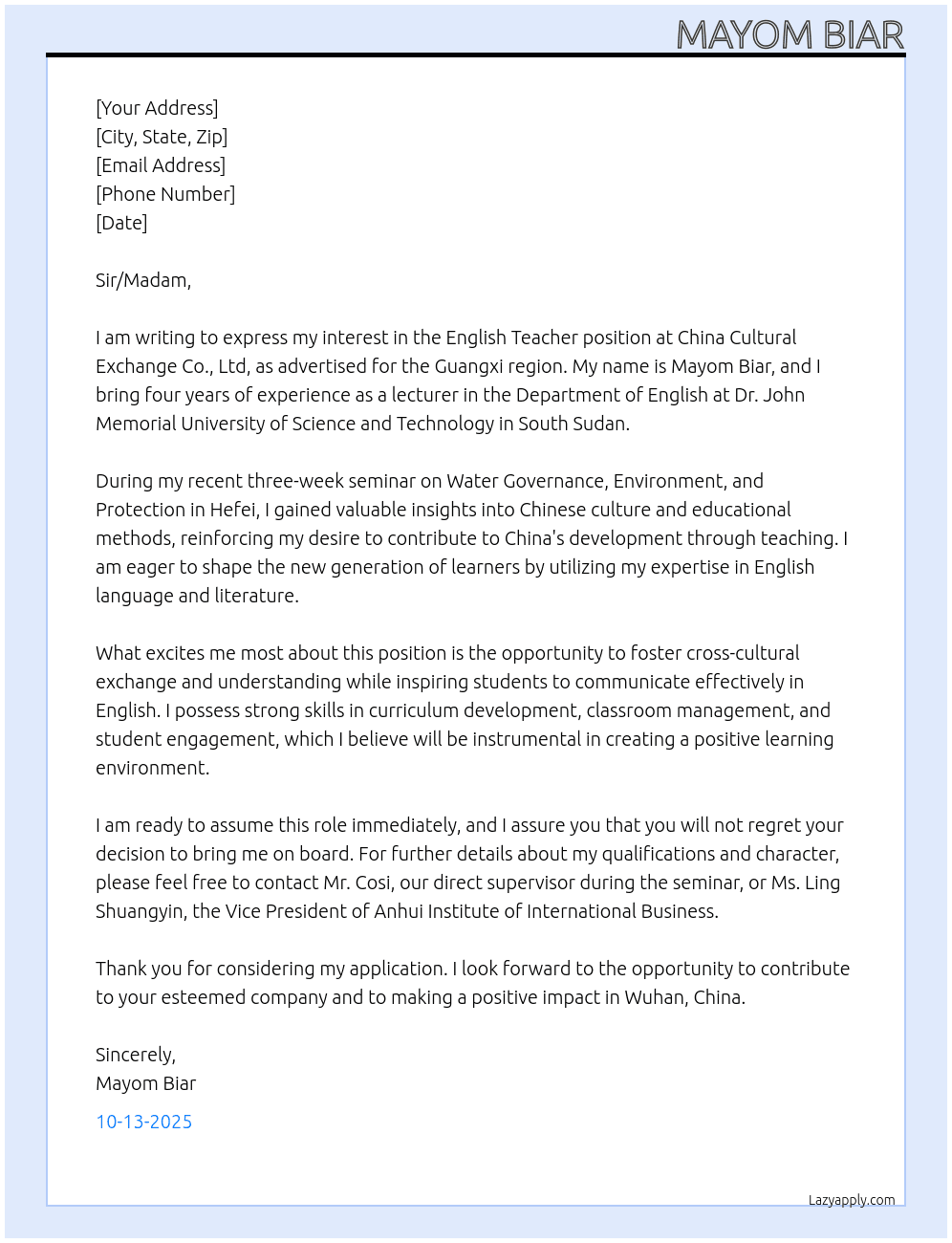 English Teacher At China Cultural Exchange Co., Ltd Cover Letter