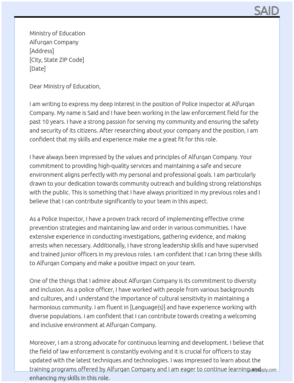 Police inspector  At Alfurqan Cover Letter