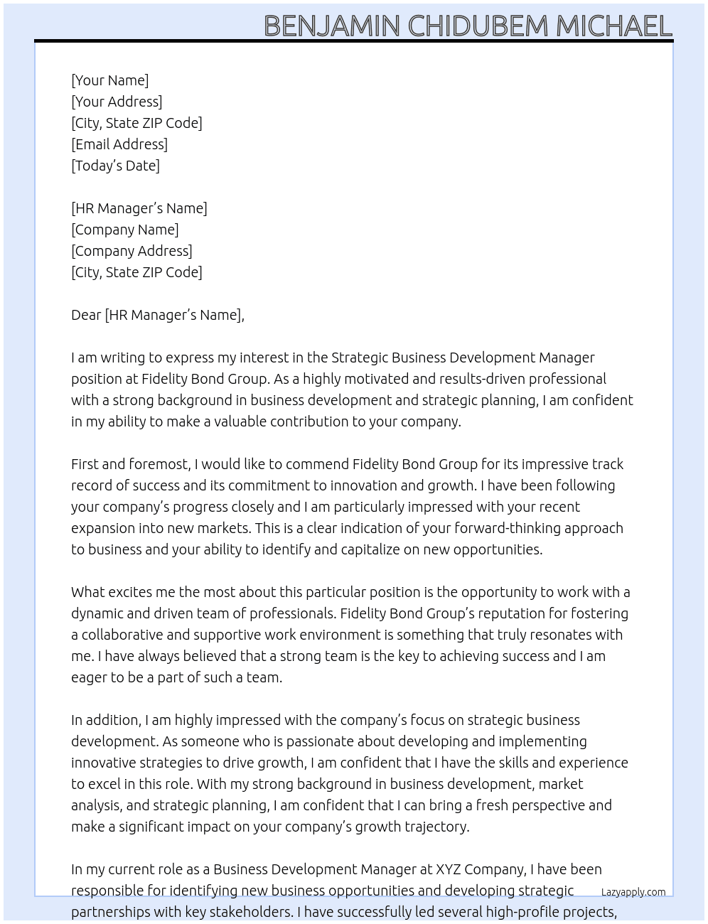 Strategic Business development manager At Fidelity Bond Group Cover Letter