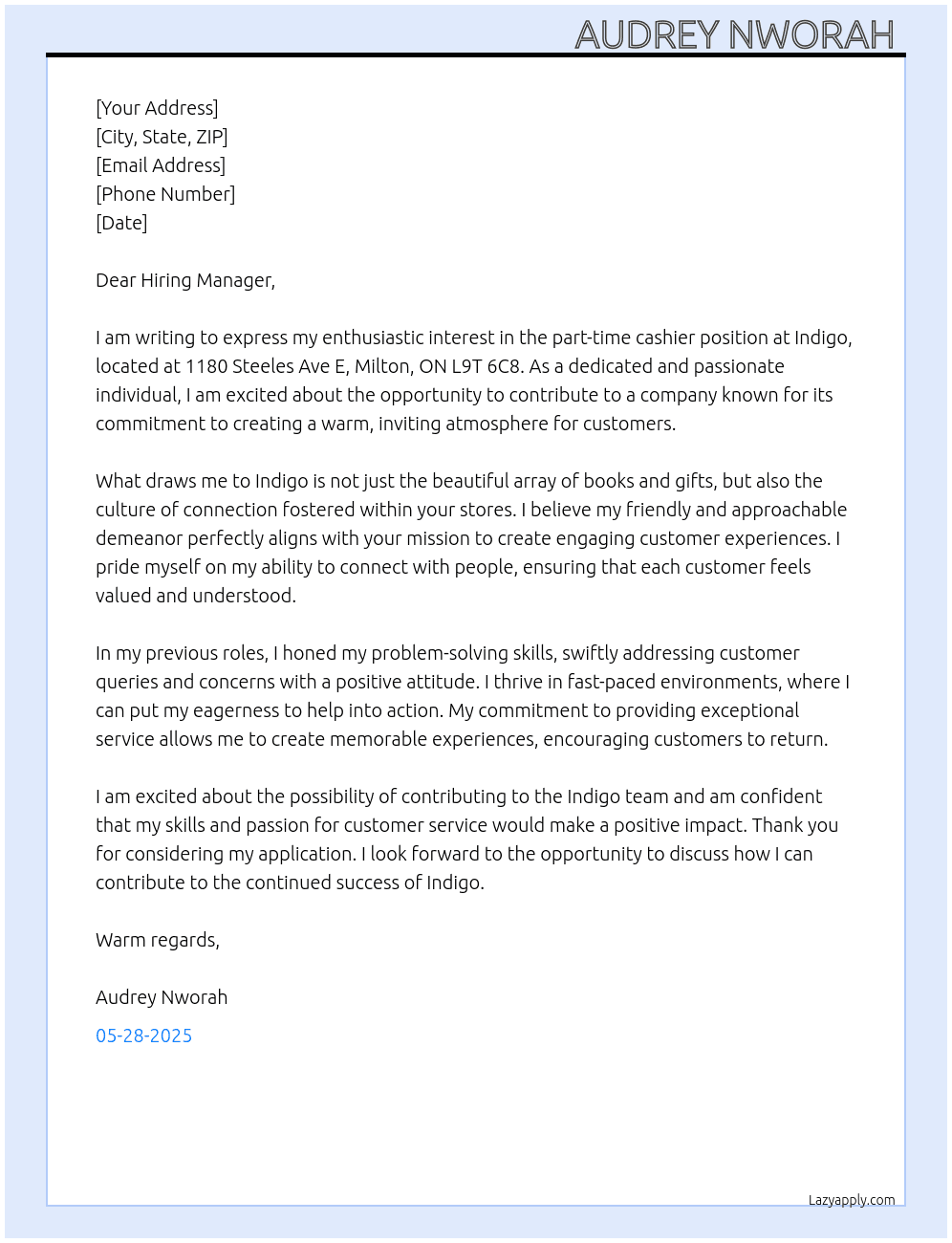cashier At Indigo  Cover Letter