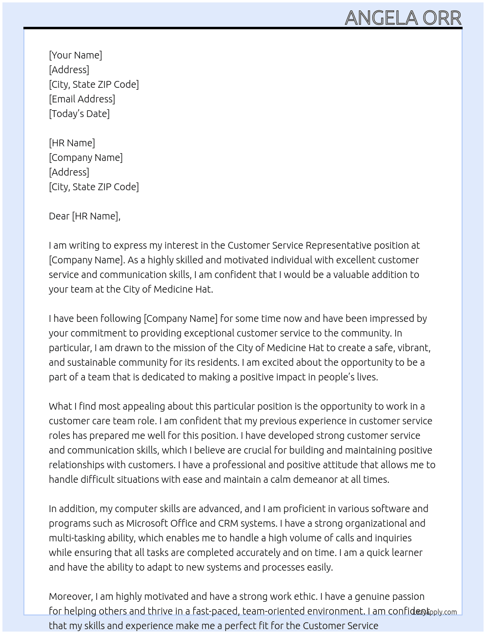 Customer service representative At City of Medicine Hat  Cover Letter