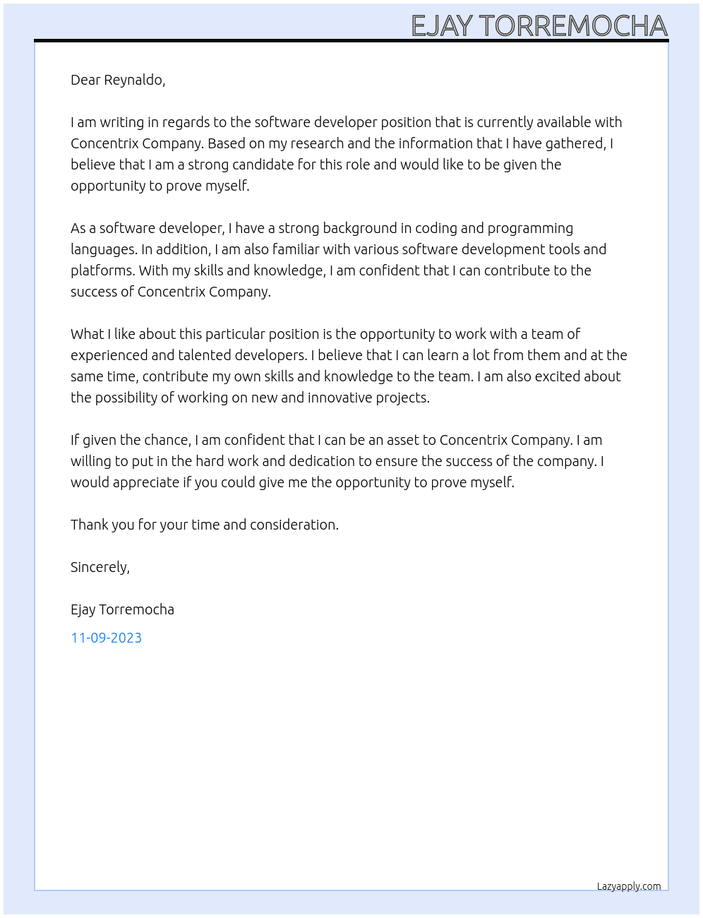 Software developer At Concentrix Company, Cebu City Cover Letter