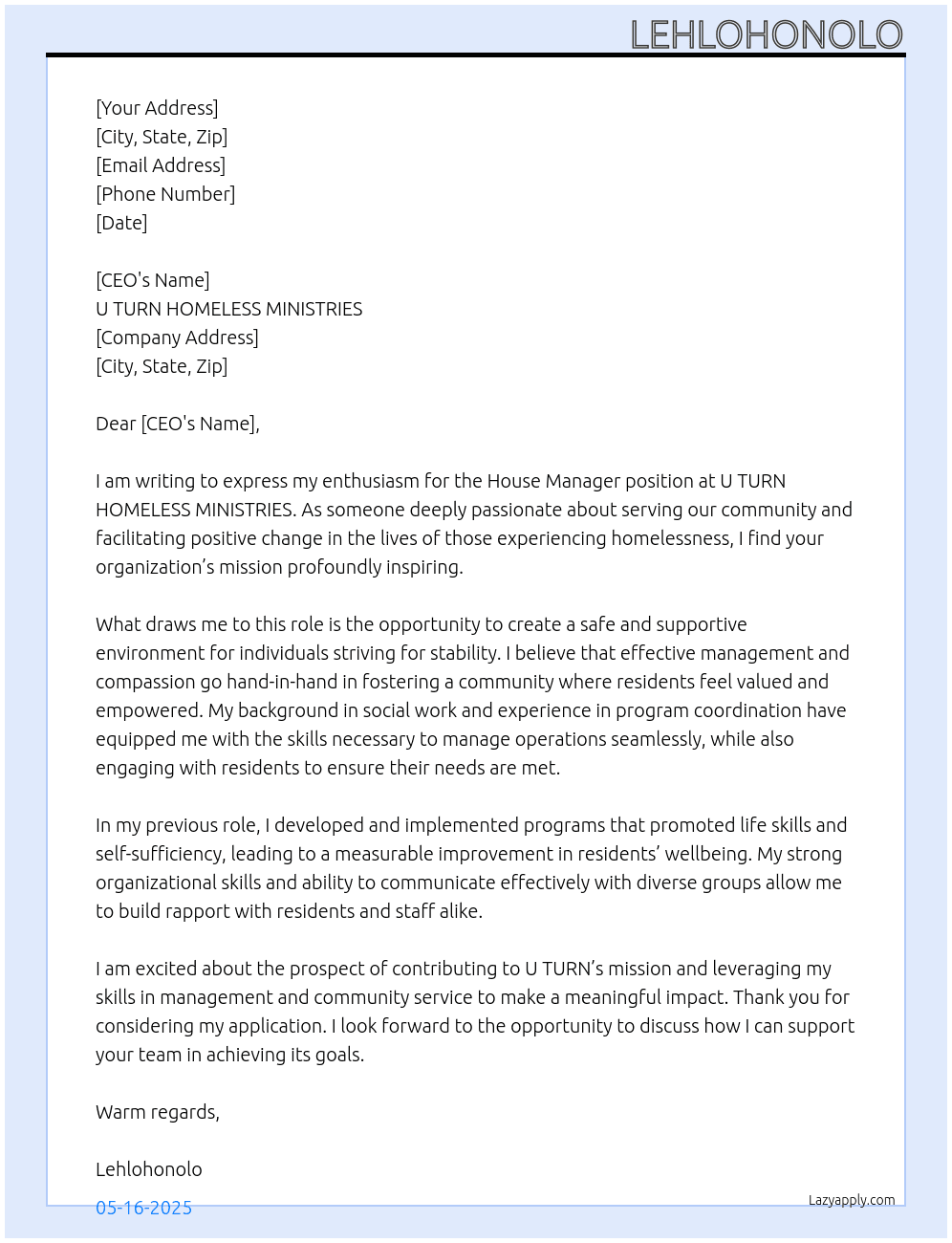 House Manager At U TURN HOMELESS MINISTRIES Cover Letter