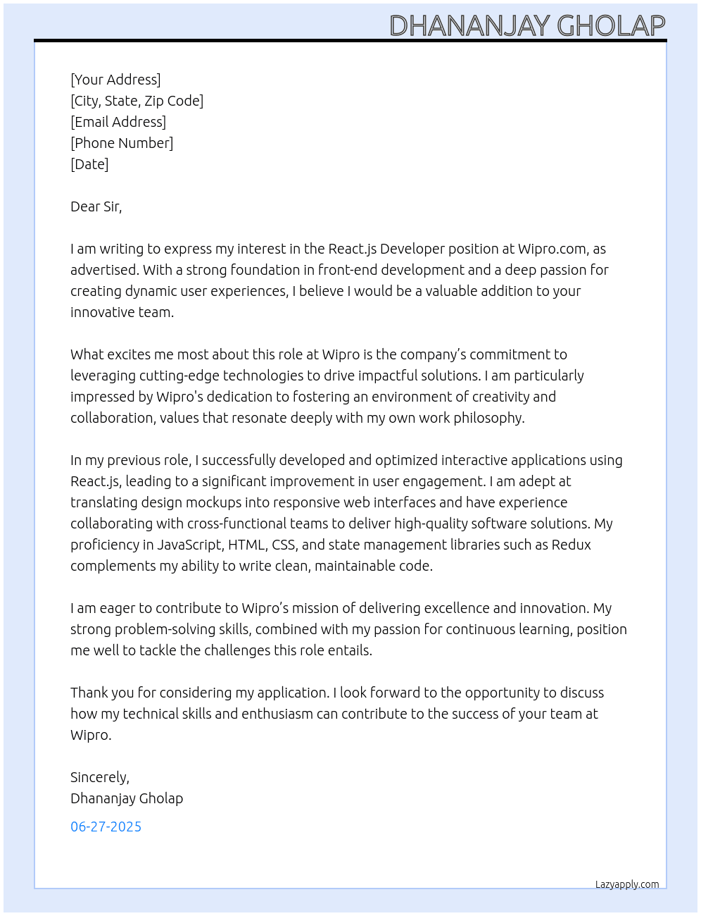 react.js developer  At wipro.com Cover Letter
