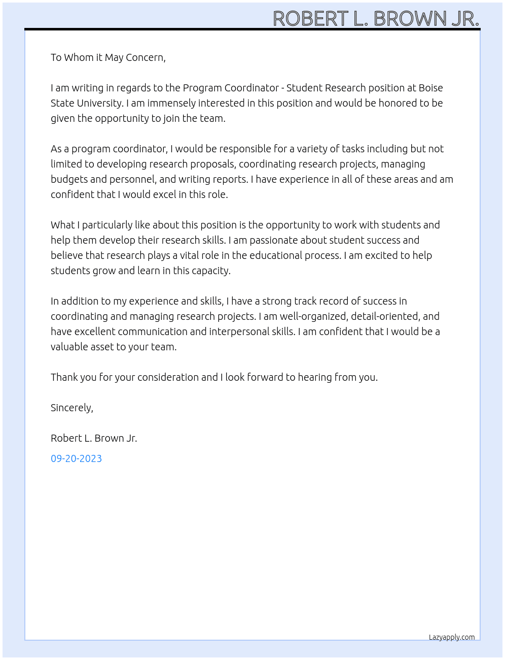 Program Coordinator - Student Research At Boise State University Cover Letter
