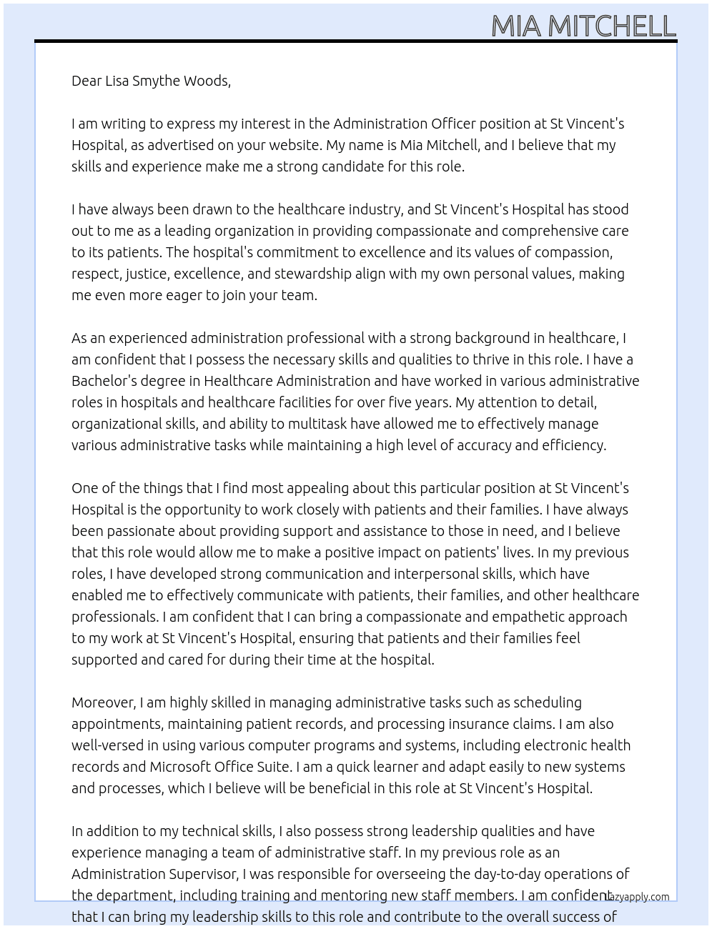 Administration Officer At St Vincent's Hospital Cover Letter