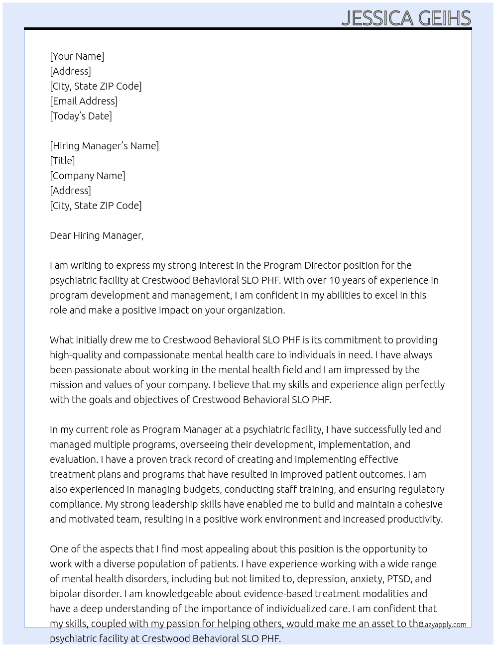 Program Director for psychiatric facility  At Crestwood Behavioral SLO PHF Cover Letter