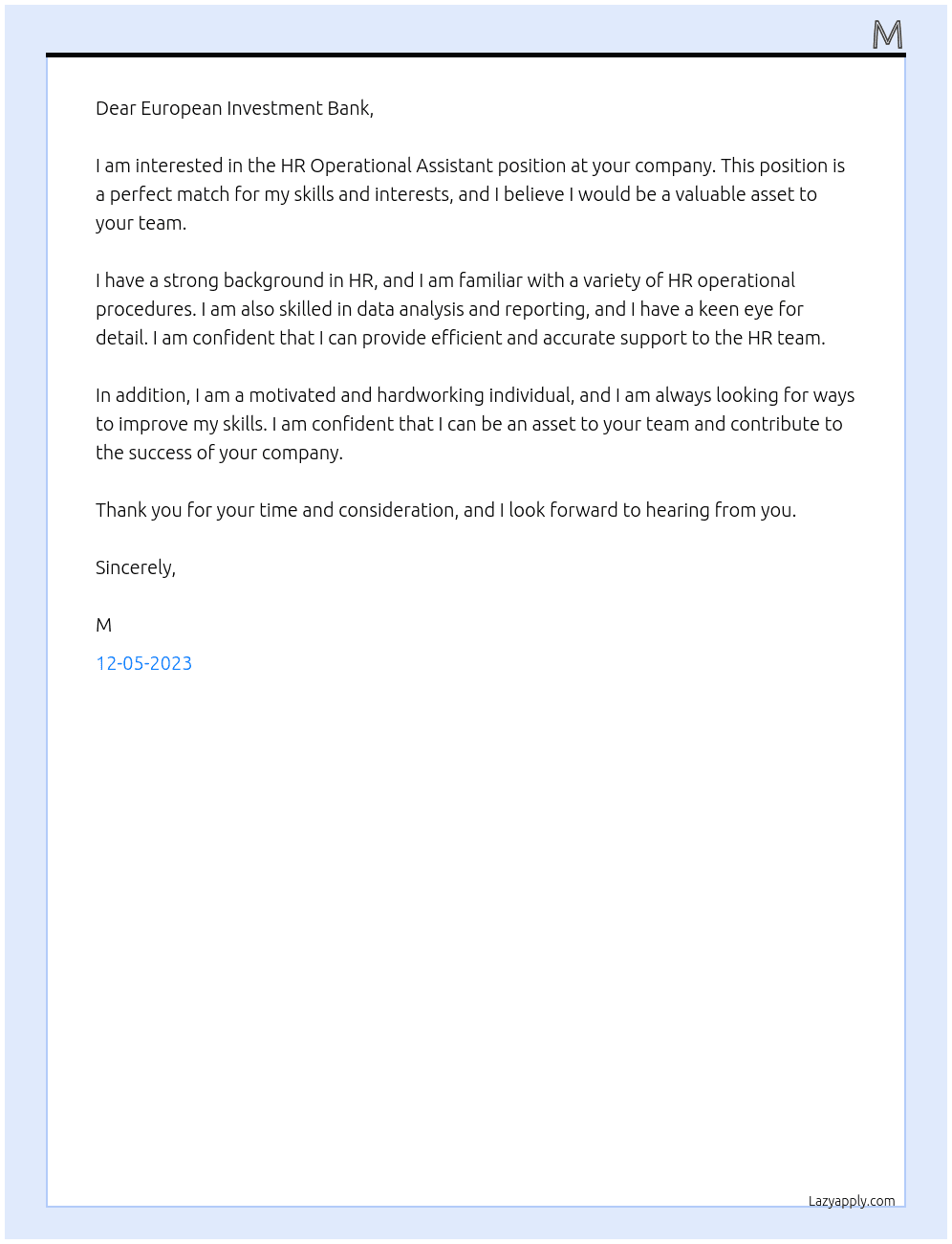 HR Operational Assistant At European Investment Bank Cover Letter