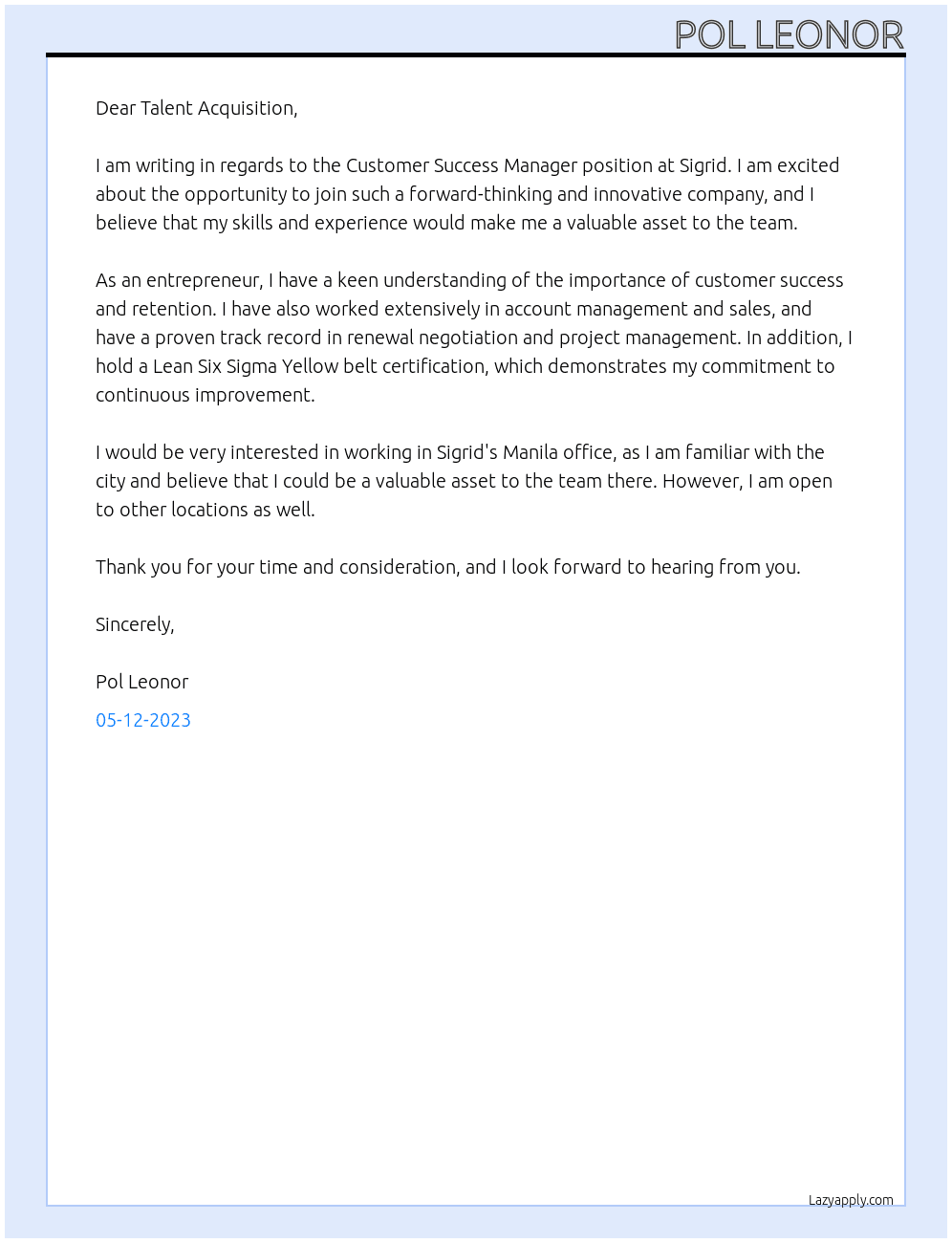 Customer Success Manager At Sigrid Cover Letter