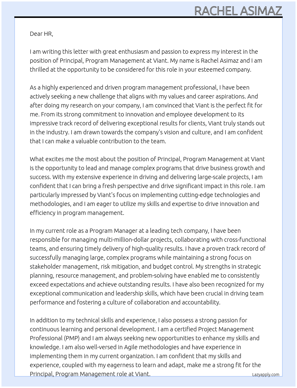 Principal, Program Management At Viant Cover Letter