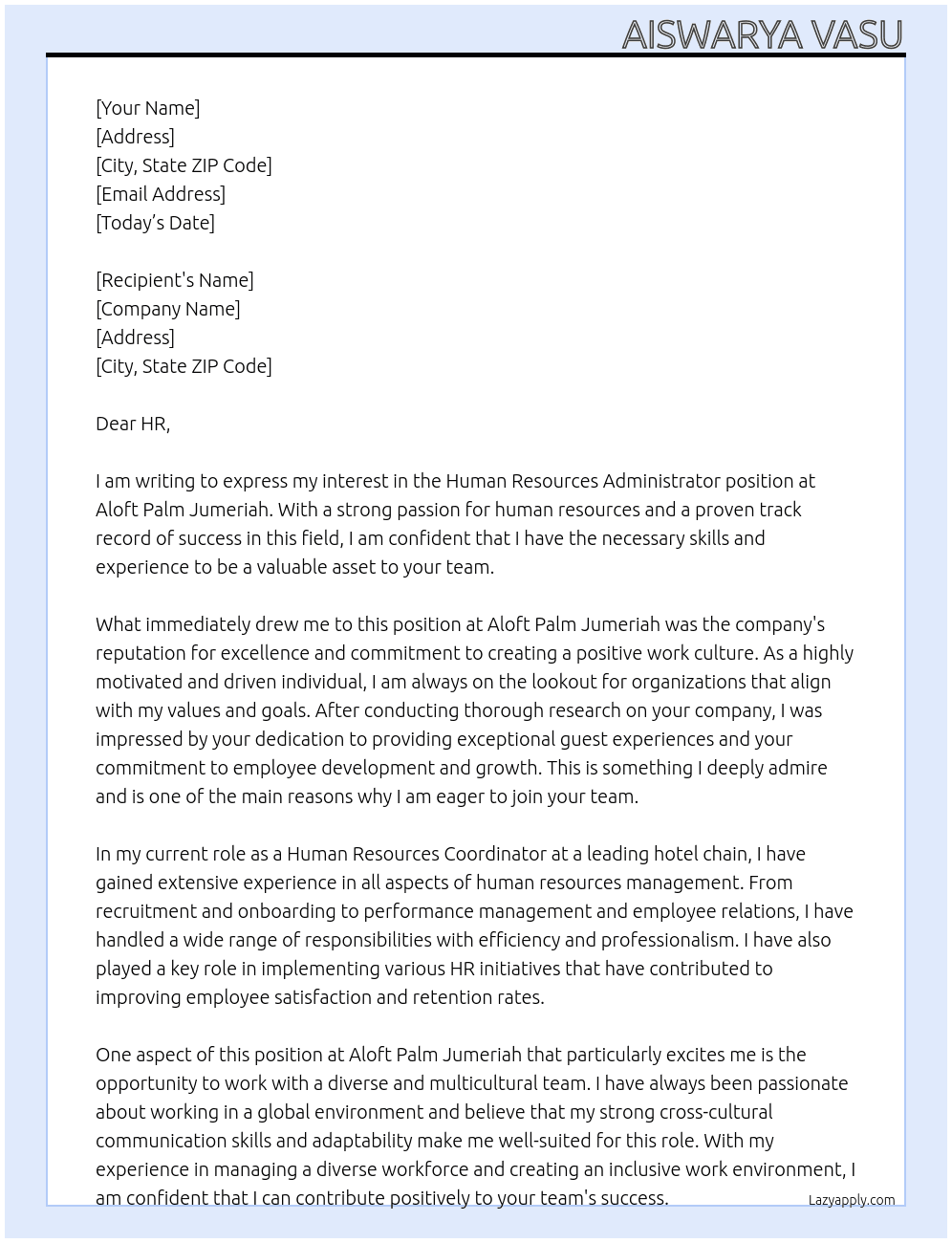 Human Resources Administrator At Aloft Palm Jumeriah Cover Letter