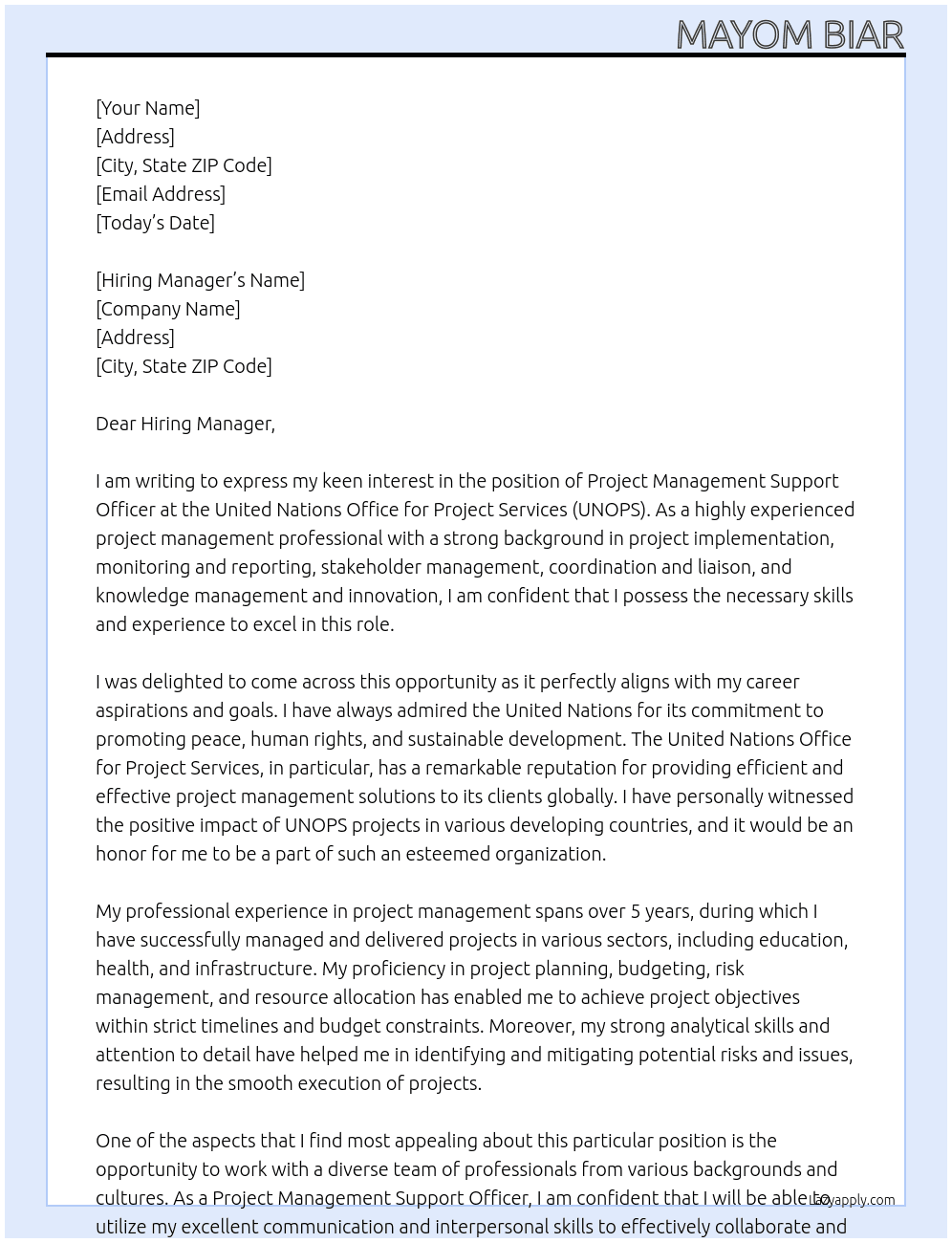 Project Management Support Officer At United Nations Office for Project Serivces Cover Letter