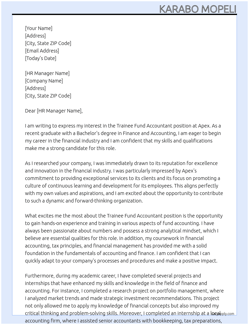Trainee Fund Accountant  At Apex Cover Letter