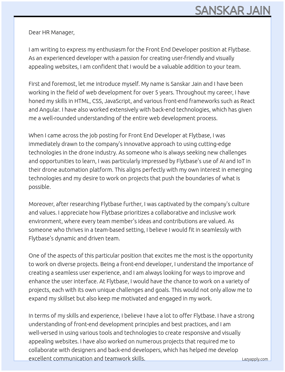Front end developer At Flytbase Cover Letter