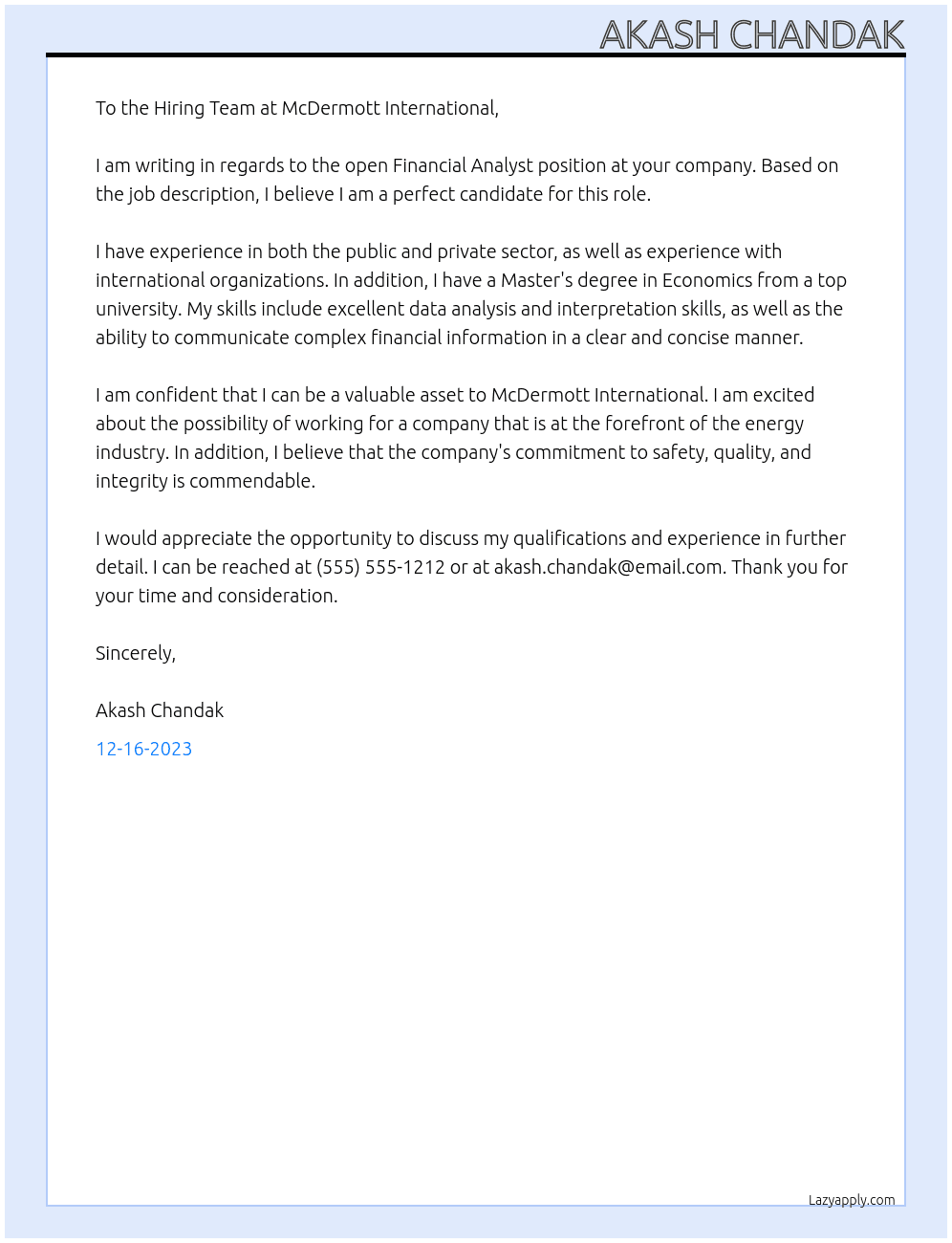 Financial Analyst At McDermott International Cover Letter