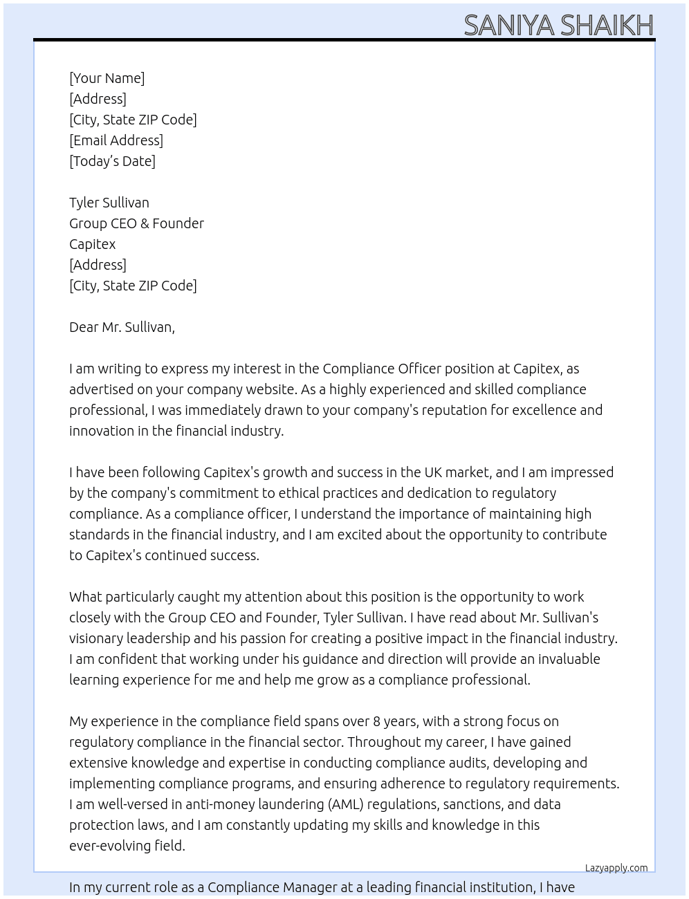 Compliance Officer At UK Cover Letter