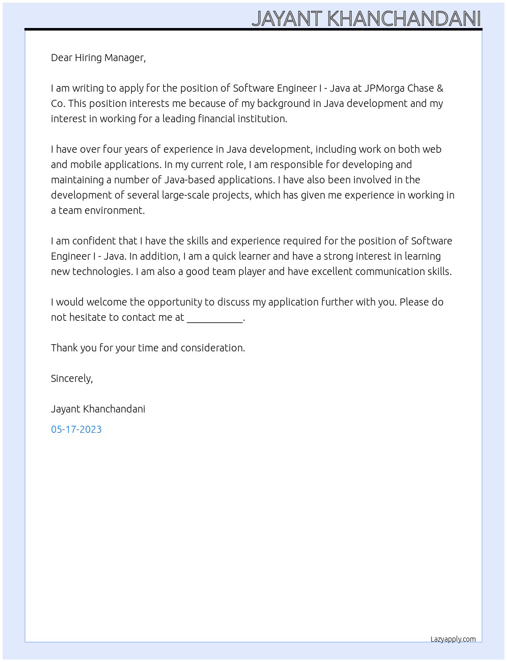 Software Engineer I - Java At JPMorga Chase & Co. Cover Letter