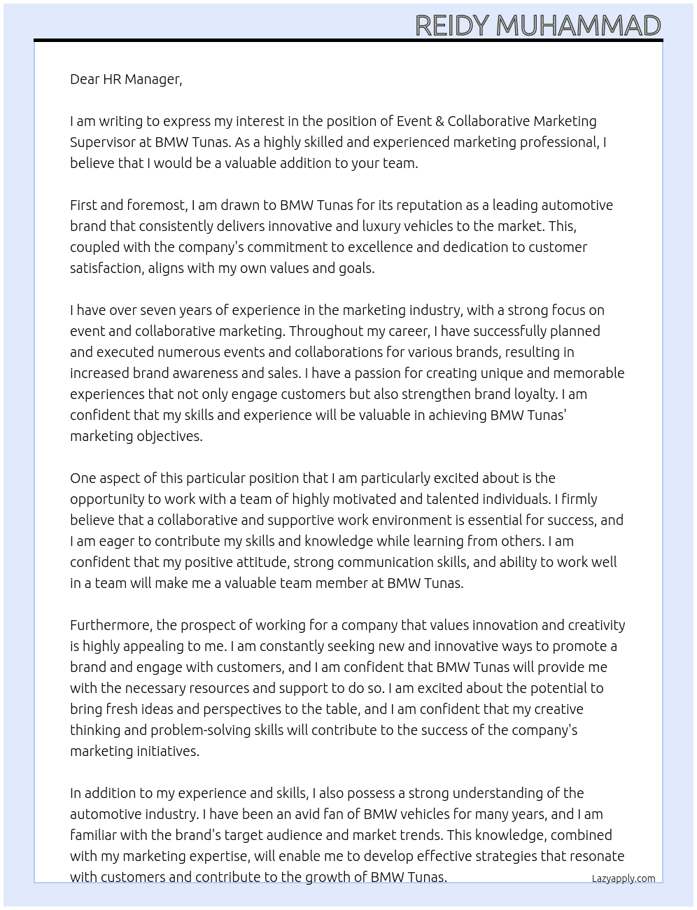 Event & Collaborative Marketing Supervisor At BMW Tunas Cover Letter