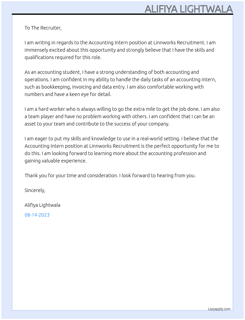 Accounting Intern At Linnworks Recruitment  Cover Letter