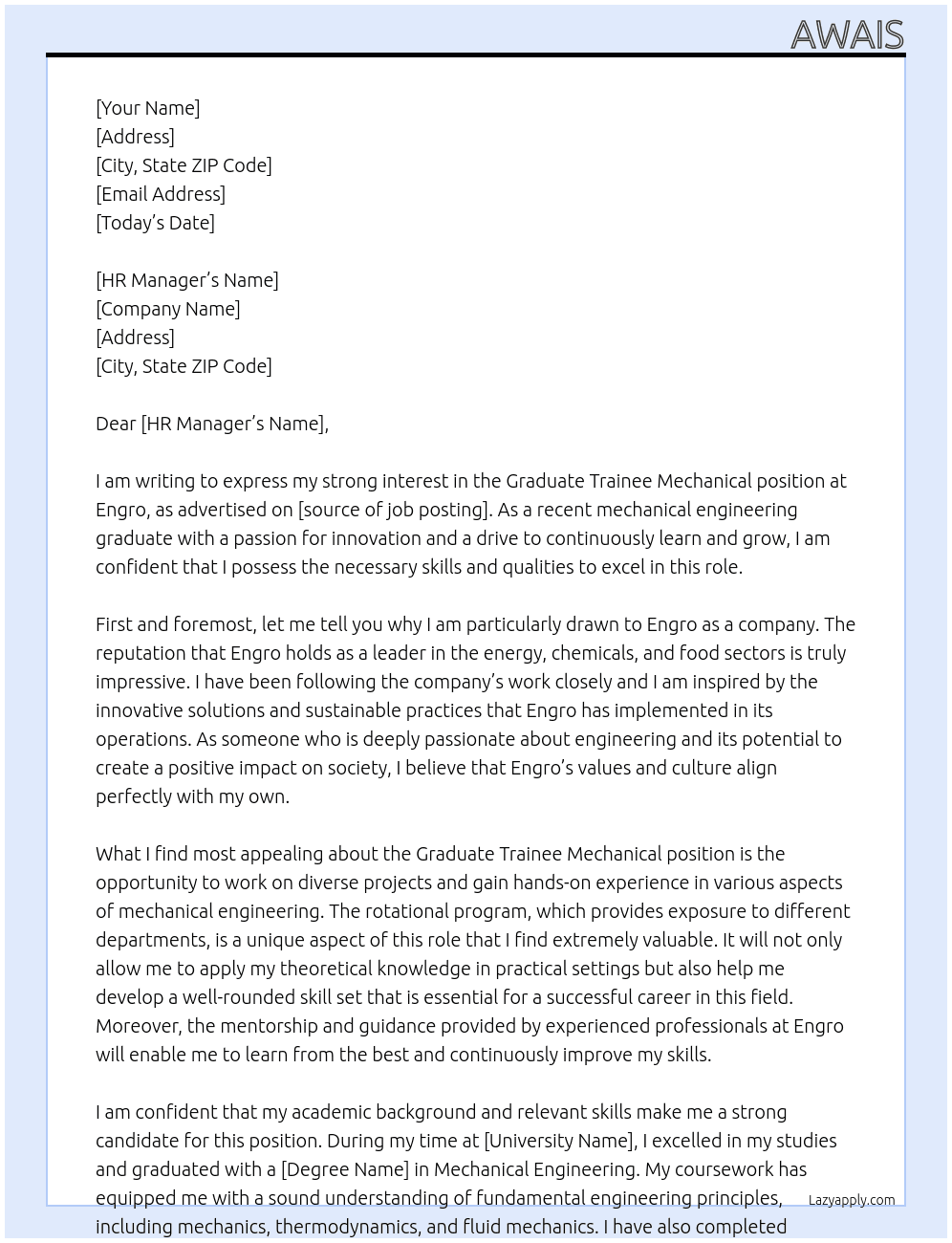 Cover letter for graduate trainee mechanical - LazyApply