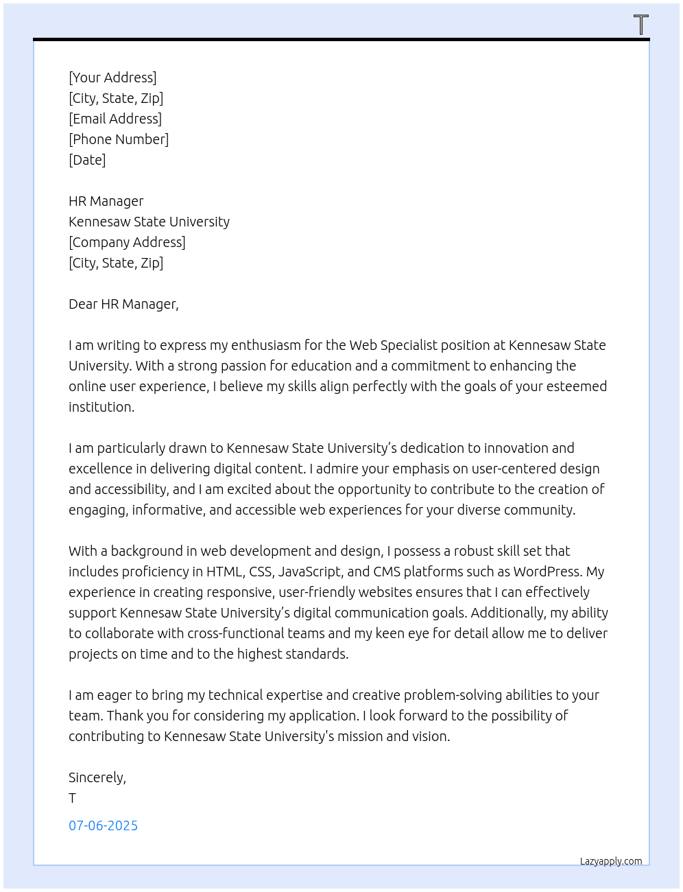 Web Specialist At Kennesaw State University Cover Letter