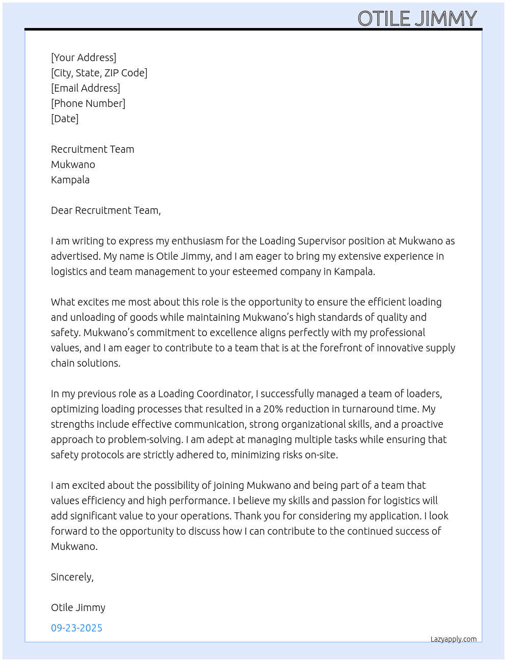loading supervisor  At mukwano  Cover Letter