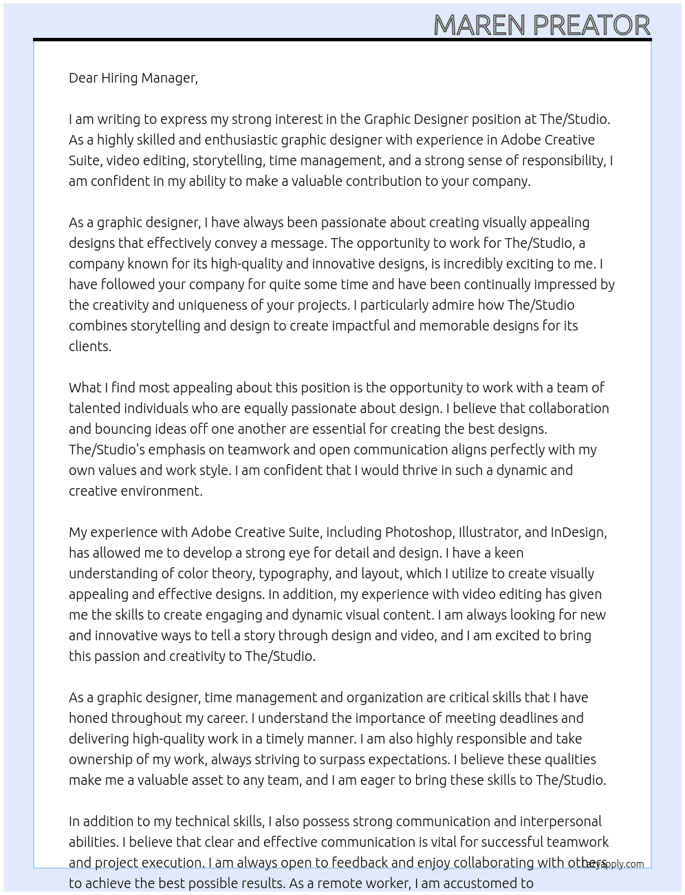 Graphic Designer At The/Studio Cover Letter