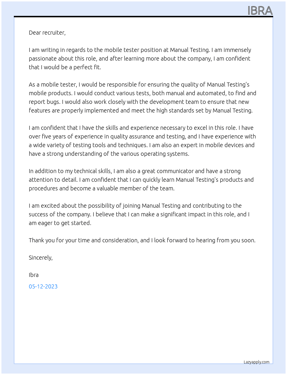 mobile tester At Manual Testing Cover Letter