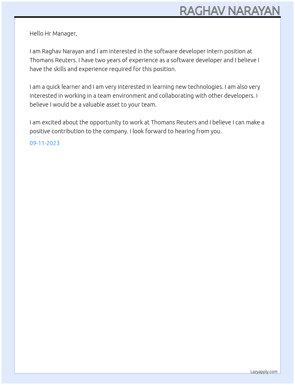 Software Developer Intern At Thomans Reuters Cover Letter