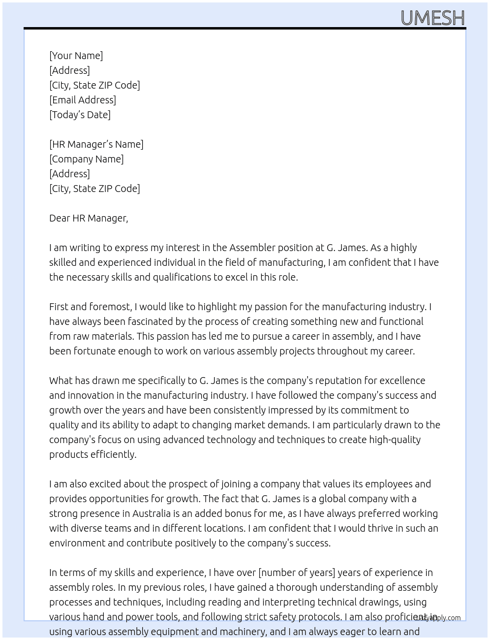 Assembler  At G. James Cover Letter