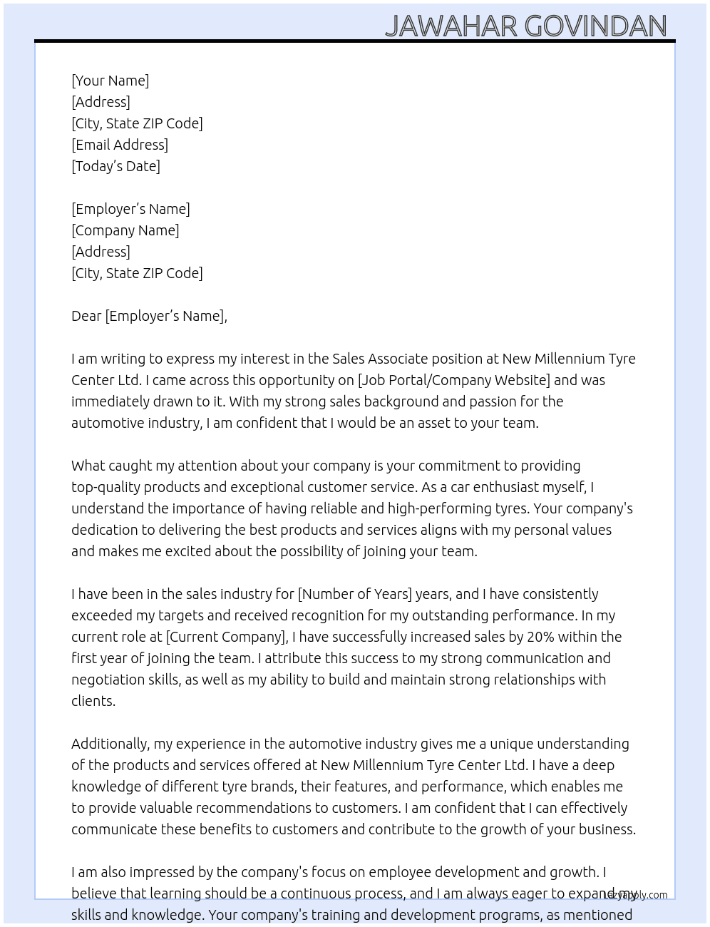 Sales associate  At New Millennium Tyre Center Ltd., Cover Letter